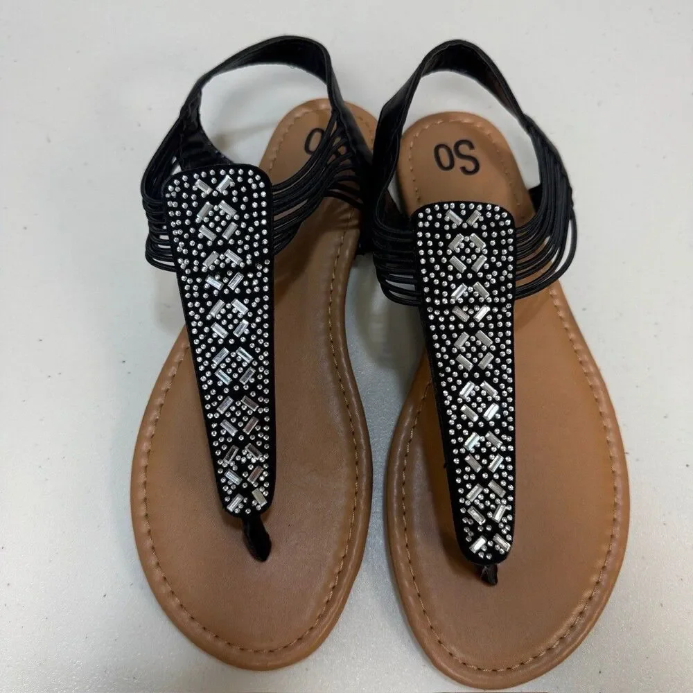 Embellished Black Sandals Women Medium 7.5 - 8.5 Thong Shoes Gladiator Flip Flop